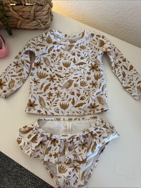 Rylee + Cru White and Brown Floral Kids Swim Rashguard Set